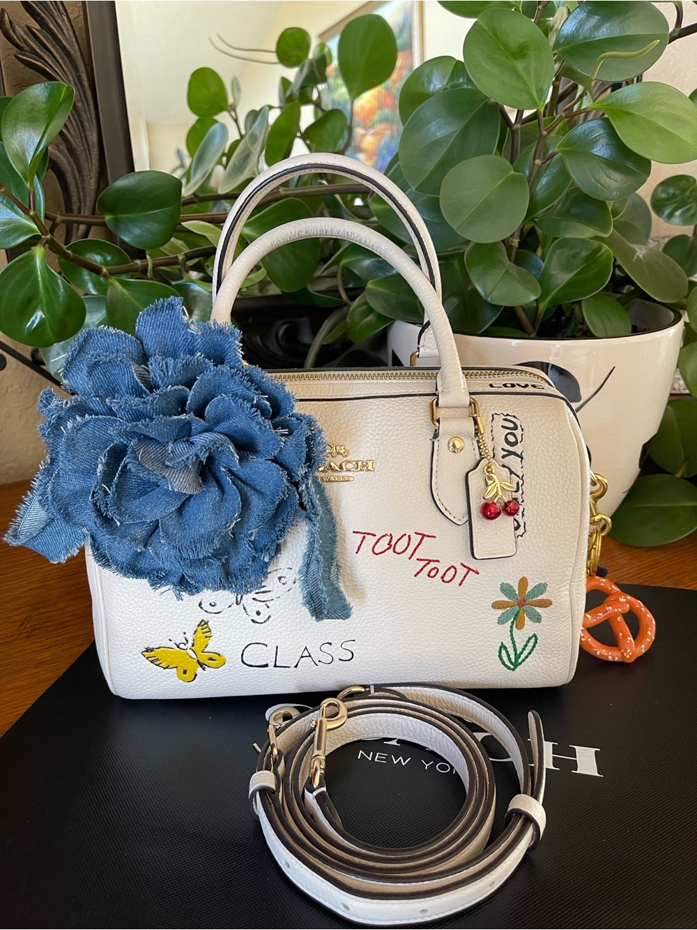 Coach Rowan Satchel Bag in Sketch Print with Charms